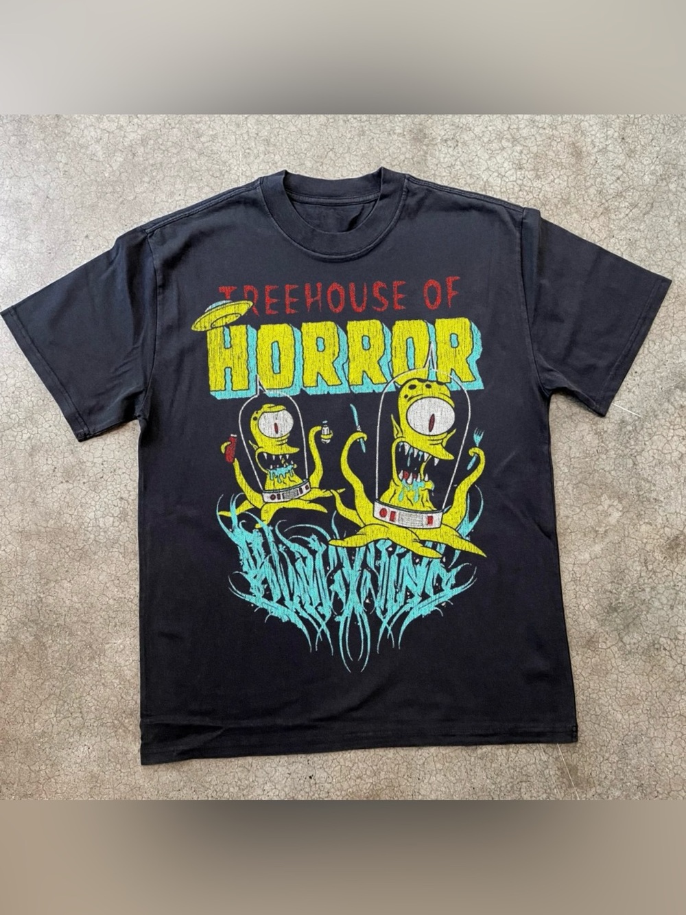 Gildan Black Tee with Yellow & Aqua Horror Graphic